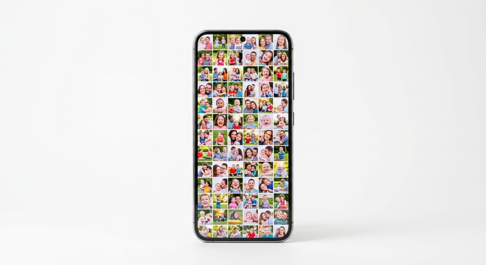A phone showing a grid of several hundred photos of children and families