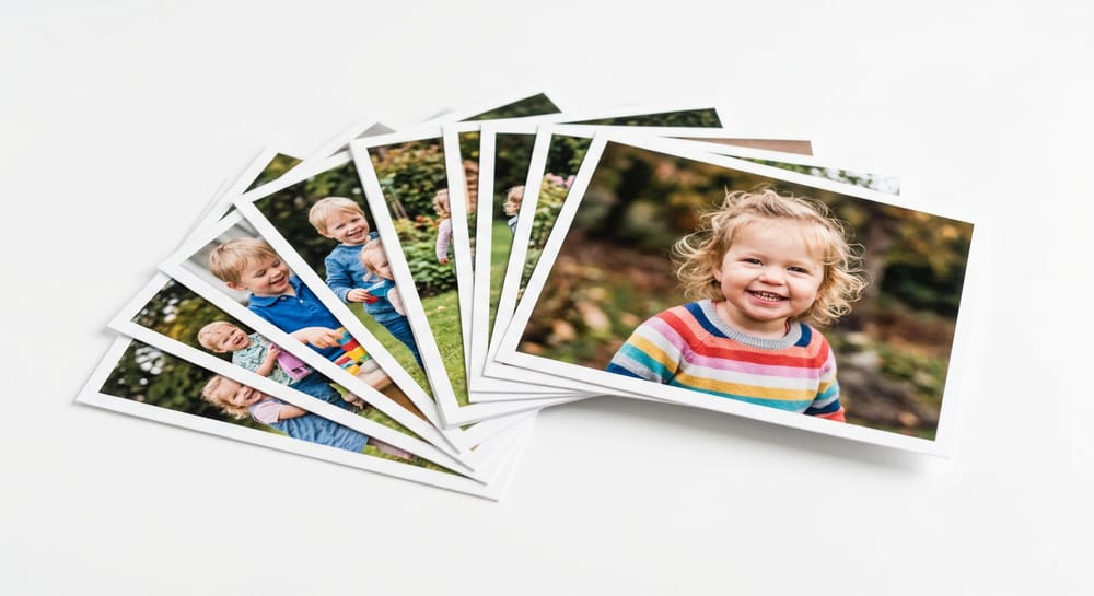 A fanned stack of printed photographs of young children