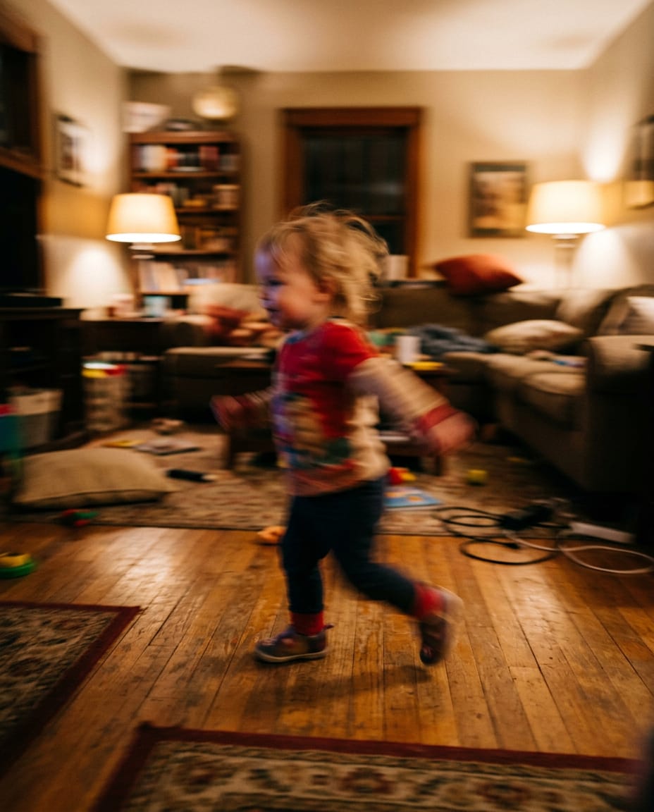 A blurred photo of a toddler running through a living room