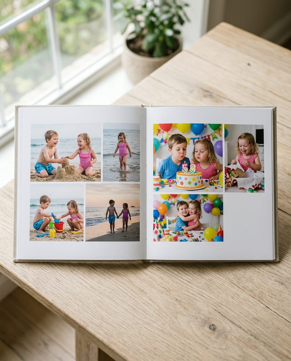 An open hardcover photo book with pages of children at the beach and at a birthday