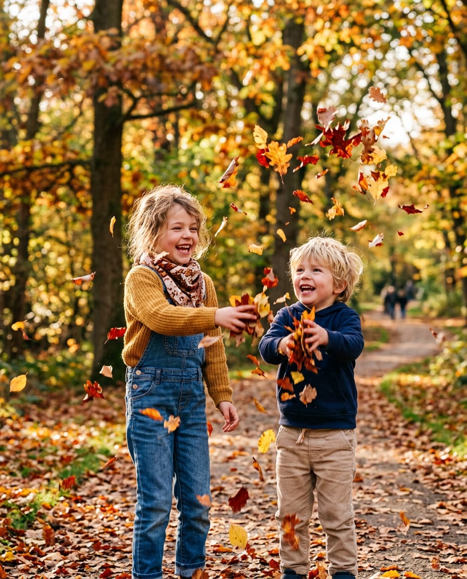 Two siblings laughing and throwing autumn leaves